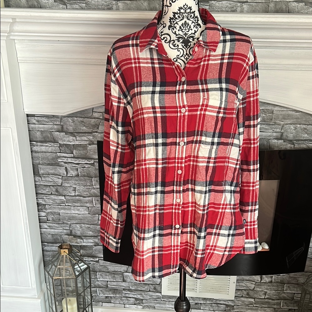 Red and White Plaid Button-Up Shirt